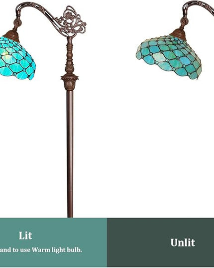 Capulina Tiffany Floor Lamp 62 Inches Tall Seagrass Blue Beads Style Stained Glass Soft Light Arched Gooseneck Adjustable Angle Reading Lamp for Living Room Bedroom Home Office - LeafyLoom