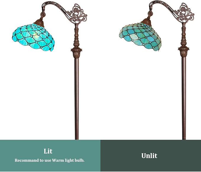 Capulina Tiffany Floor Lamp 62 Inches Tall Seagrass Blue Beads Style Stained Glass Soft Light Arched Gooseneck Adjustable Angle Reading Lamp for Living Room Bedroom Home Office - LeafyLoom