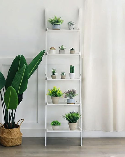HYNAWIN Ladder Shelf 5-Tier Bookshelf –Bamboo Storage Rack Shelves Wall Leaning Shelf,White Freestanding Plant Flower Stand, Corner Display Bookcase - LeafyLoom
