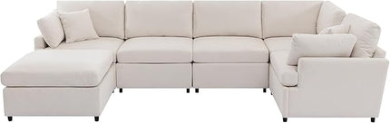 100.4" Modern Large U-Shape Modular Sectional Sofa with Removable Ottomans, Flexible Combination 6-Seater Upholstered Couch for Living Room Apartment Office, Beige, 100.4 Inch - LeafyLoom
