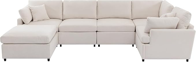 100.4" Modern Large U-Shape Modular Sectional Sofa with Removable Ottomans, Flexible Combination 6-Seater Upholstered Couch for Living Room Apartment Office, Beige, 100.4 Inch - LeafyLoom