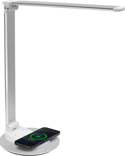 Mount-It! LED Desk Lamp with Wireless Charger and USB-C Charging Port, Dimmable Desk Lamp with 25 Brightness and Color Modes, for Home or Office, Adjustable Arm, Silver/White - LeafyLoom