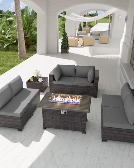 Patio Furniture Set with Fire Pit Table 8 Pieces Outdoor Sectional Furniture Outdoor Rattan Patio Conversation Sets with 43in 55,000 BTU Propane Gas Fire Pit Table Glass Table, Grey - LeafyLoom