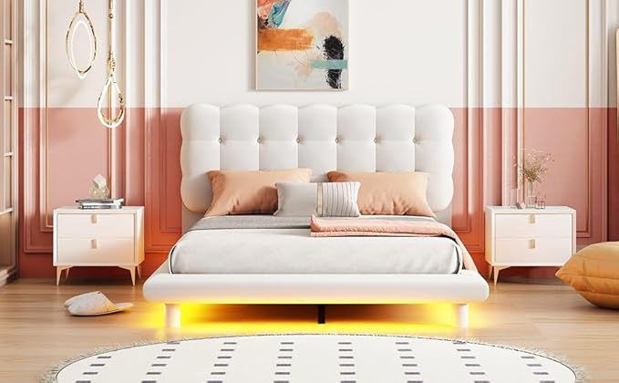 RITSU Full Size Velvet Fabric Platform Bed, Solid Wood Bedframe with LED, Button-Tufted Design Headboard, includes 16 Colors Lights Can Remote Control, No Box Spring Needed, Beige - LeafyLoom