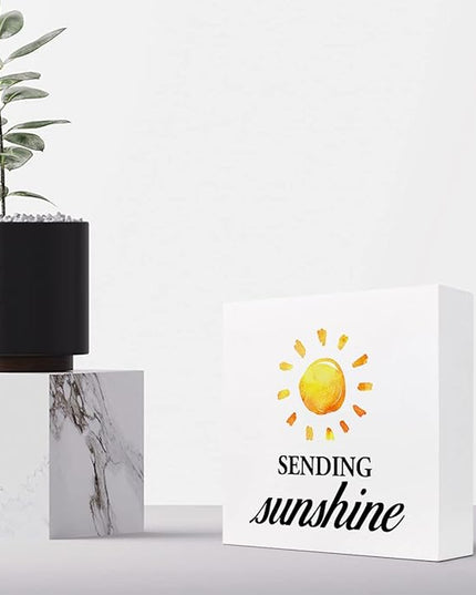 Sending Sunshine Wood Block Sign Desk Decor,Rustic Inspirational Wooden Box Plaque Sign Desk Decor for Home Office Shelf Table Decorations - LeafyLoom