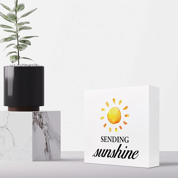 Sending Sunshine Wood Block Sign Desk Decor,Rustic Inspirational Wooden Box Plaque Sign Desk Decor for Home Office Shelf Table Decorations - LeafyLoom