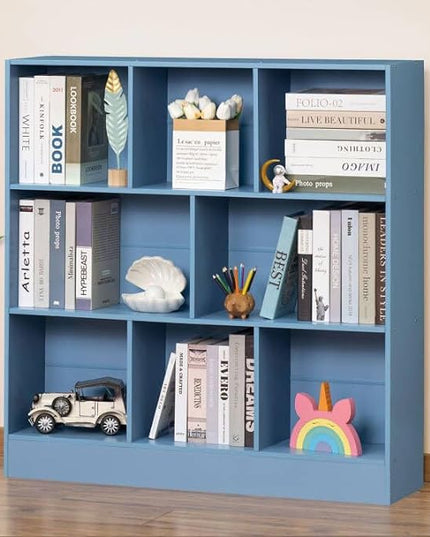YAHARBO 3 Tier Bookshelf,Wide Kids Horizontal Bookcase,8 Cube Blue Book Shelf,Large Display Toy Storage Cabinet with Base,Floor Standing Modern Bookcases Organizer for Bedroom,Nursery,Playroom - LeafyLoom
