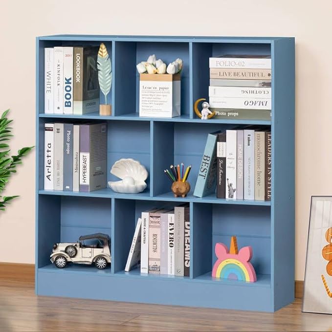 YAHARBO 3 Tier Bookshelf,Wide Kids Horizontal Bookcase,8 Cube Blue Book Shelf,Large Display Toy Storage Cabinet with Base,Floor Standing Modern Bookcases Organizer for Bedroom,Nursery,Playroom - LeafyLoom