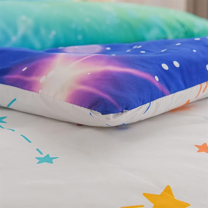 Holawakaka Kids Space Star Glitter Comforter Set Ombre Blue & Green Print Gradient Bedding Set Twin Size(Blue Green, Twin) - LeafyLoom