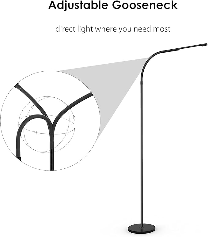 LED Floor Lamp,Dimmable Floor 5 Brightness Levels & 4Color Temperature, 7W, Touch Control, Adjustable Gooseneck, Memory Function, Standing Lamp for Living Room, Bedroom, Office, Study (①Black) - LeafyLoom