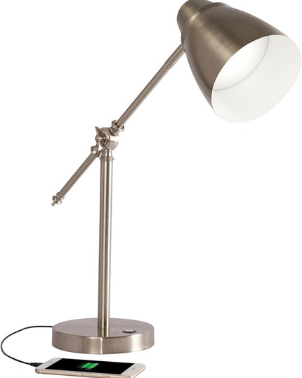 OttLite Harmonize LED Desk Lamp - 2.1A USB Charging Port, 3 Brightness Settings, Brushed Nickel - LeafyLoom