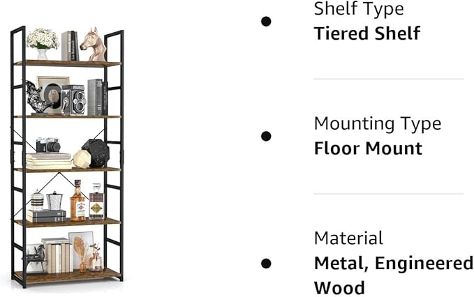 OTK 5 Tier Bookshelf, Tall Bookcase, Office Shelf Storage Organizer, Modern Book Shelf for Living Room, Bedroom, and Home Office, Vintage - LeafyLoom