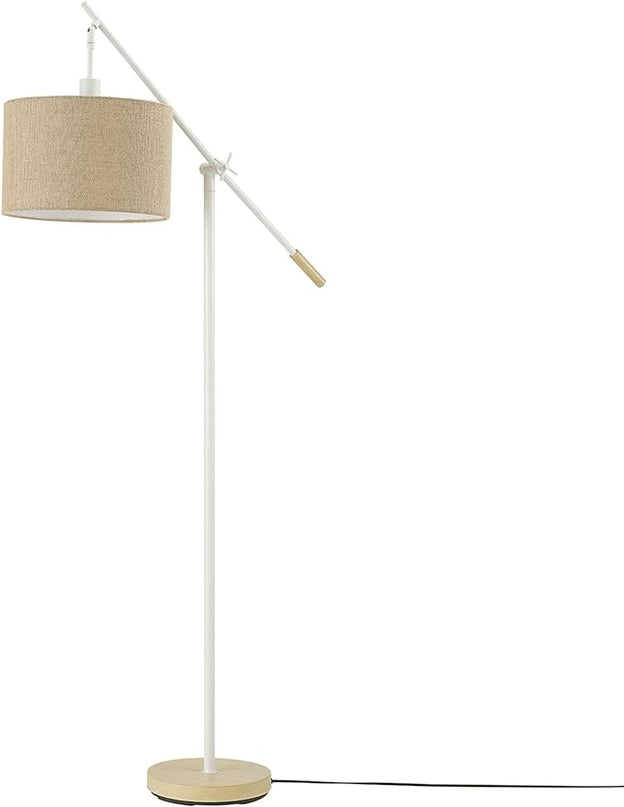 Globe Electric Serena 66" Floor Lamp, Matte White, Faux Wood Accents, Jute Shade, Dimmable Rotary Switch on Socket - LeafyLoom