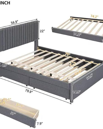 Full Size Linen Upholstered Platform Bed with 2 Drawers and Twin Size Trundle,Solid Wood Bed Frame w/Classic Headboard Design,for Bedroom,Apartment,Living Room,Gray - LeafyLoom