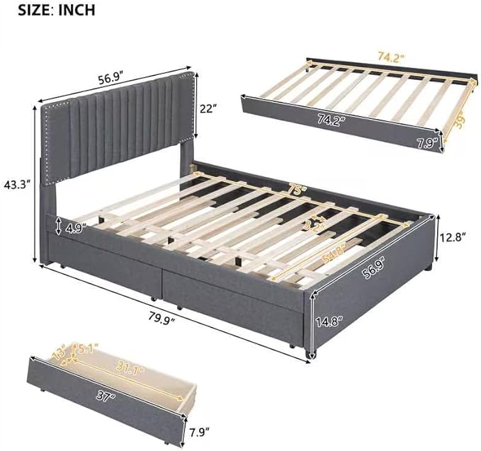 Full Size Linen Upholstered Platform Bed with 2 Drawers and Twin Size Trundle,Solid Wood Bed Frame w/Classic Headboard Design,for Bedroom,Apartment,Living Room,Gray - LeafyLoom