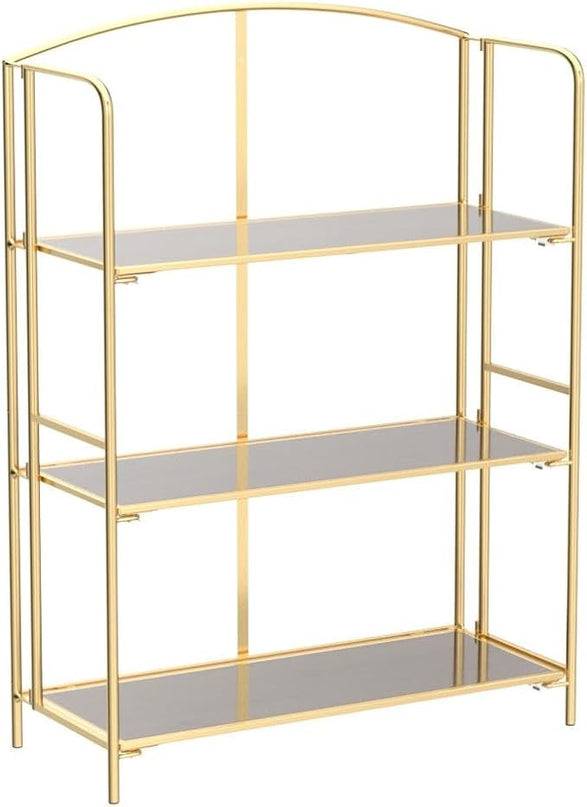 No Assembly Folding Bookshelf, 3 Tier Gold Bookshelf, Metal Book Shelf for Storage, Folding Bookcase for Office Organization and Storage, 12.87" D x 30.9" W x 42.33" H - LeafyLoom