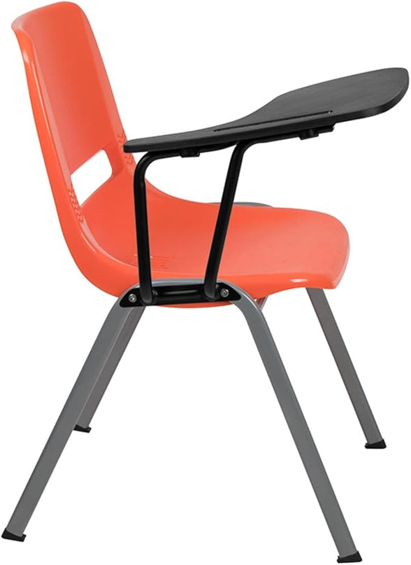 Flash Furniture HERCULES Orange Ergonomic Shell Chair with Right Handed Flip-Up Tablet Arm - LeafyLoom
