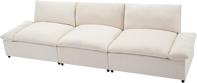 Morden Soft Linen Upholstered 3 Seater Cloud Sofa Couch Super Deep Seat Sleeper Sofa&Couch with Removable Back Cushions and Storage Armrests for Living Room, Apartment, Office, 119.5", Beige-402 - LeafyLoom