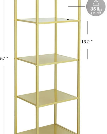 Gold Shelf, Gold Bookcase, 5-Tier Bookshelf Shoe Purse Handbag Rack Shelving Unit Etagere Tall Narrow Metal Corner Shelf Boutique Display Storage Retail Commercial Stand(19.7x15.7x63) - LeafyLoom