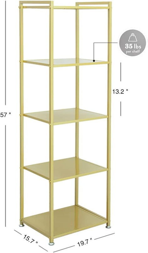 Gold Shelf, Gold Bookcase, 5-Tier Bookshelf Shoe Purse Handbag Rack Shelving Unit Etagere Tall Narrow Metal Corner Shelf Boutique Display Storage Retail Commercial Stand(19.7x15.7x63) - LeafyLoom
