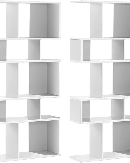 Giantex 5-Tier Geometric Bookshelf White Set of 2, 70'' Tall Wood Freestanding Decorative Display Open Shelves with Anti-Tipping Device, Each Shelf Holds up to 44 lbs, Wooden S Shaped Bookcase - LeafyLoom