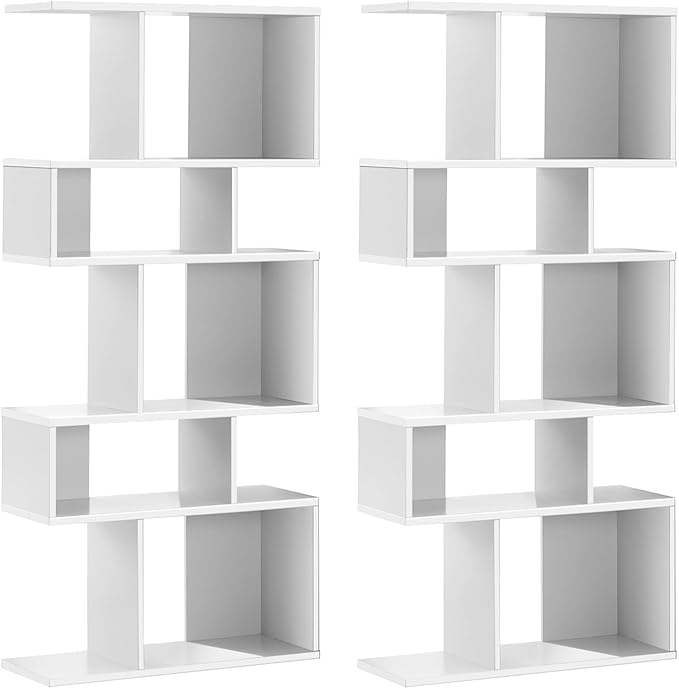 Giantex 5-Tier Geometric Bookshelf White Set of 2, 70'' Tall Wood Freestanding Decorative Display Open Shelves with Anti-Tipping Device, Each Shelf Holds up to 44 lbs, Wooden S Shaped Bookcase - LeafyLoom