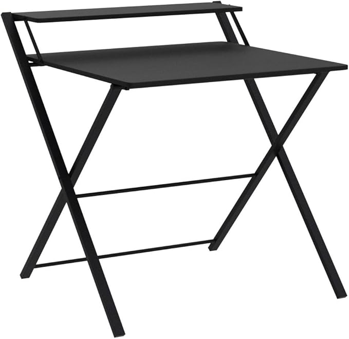 GreenForest Folding Desk No Assembly Required Small Size, 2-Tier Foldable Computer Desk with Shelf for Home Office, Space Saving Portable Laptop Study Foldable Table for Small Spaces, Black - LeafyLoom