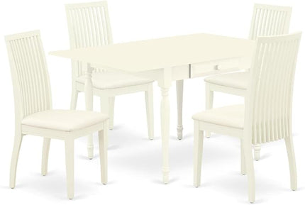 East West Furniture Monza 5 Piece Room Set Includes a Rectangle Kitchen Table with Dropleaf and 4 Fabric Upholstered Dining Chairs, 36x54 Inch, Linen White - LeafyLoom