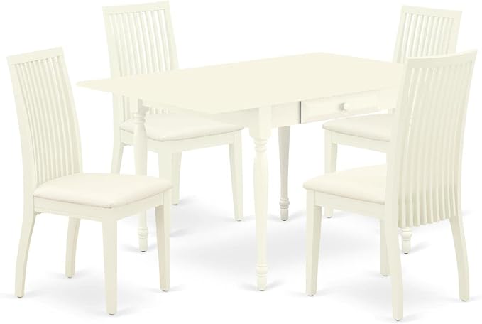 East West Furniture Monza 5 Piece Room Set Includes a Rectangle Kitchen Table with Dropleaf and 4 Fabric Upholstered Dining Chairs, 36x54 Inch, Linen White - LeafyLoom