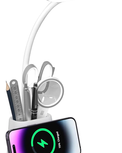 Desk Lamp for Home Office, LED Desk Lamp with Wireless Charger Pen Phone Holder, Dimmable Desk Light 3 Color Modes, College Dorm Study Lamp for College Dorm, CRI 90 800 Lumen - LeafyLoom