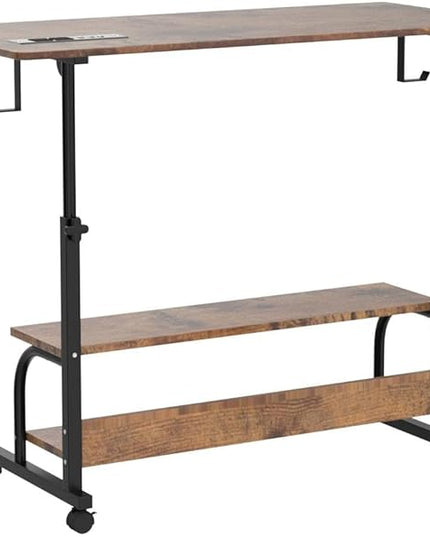 Height Adjustable Standing Desk with Power Outlets, 39" Manual Stand Up Desk with Storage Shelves Small Mobile Rolling Computer Desk Portable Laptop Table with Wheels for Home Office, Rustic - LeafyLoom