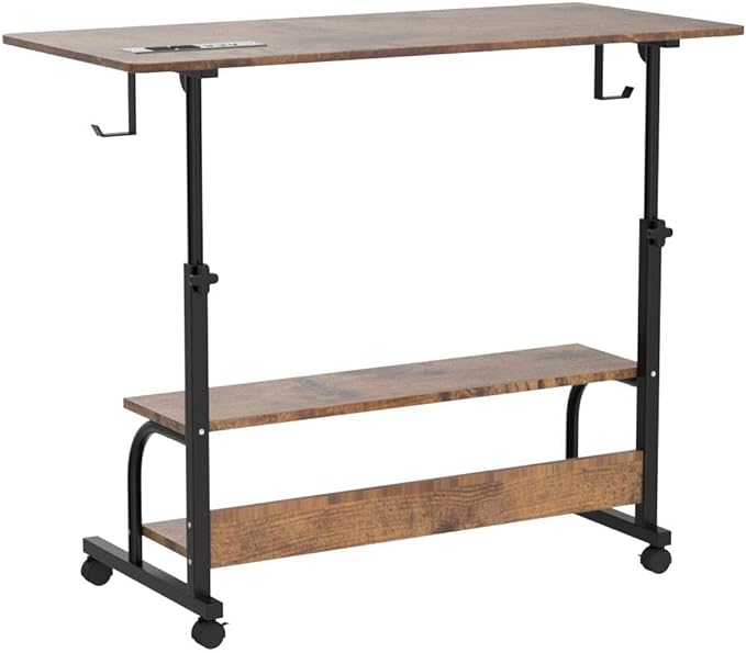 Height Adjustable Standing Desk with Power Outlets, 39" Manual Stand Up Desk with Storage Shelves Small Mobile Rolling Computer Desk Portable Laptop Table with Wheels for Home Office, Rustic - LeafyLoom