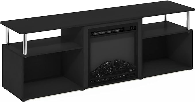 Furinno Jensen Open Storage Fireplace Entertainment Center for TV up to 70 Inch with Stainless Steel Tubes, Americano/Chrome - LeafyLoom