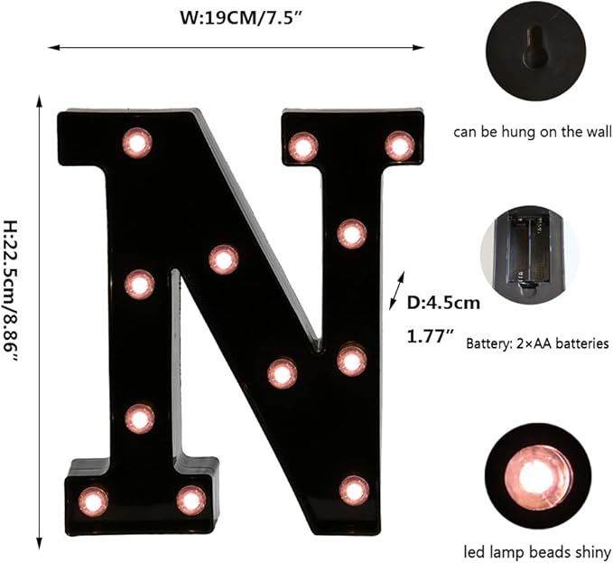 Light Up Black Alphabet Marquee Letters Sign LED Marquee Number Lights Sign for Night Light Home Bar Christmas Lamp Birthday Party Wedding Decoration N - LeafyLoom