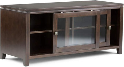 SIMPLIHOME Cosmopolitan SOLID WOOD Universal TV Media Stand, 48 inch Wide, Contemporary, Living Room Entertainment Center, Storage Cabinet, for Flat Screen TVs up to 55 inches in Mahogany Brown - LeafyLoom