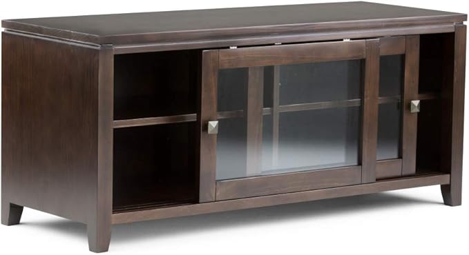 SIMPLIHOME Cosmopolitan SOLID WOOD Universal TV Media Stand, 48 inch Wide, Contemporary, Living Room Entertainment Center, Storage Cabinet, for Flat Screen TVs up to 55 inches in Mahogany Brown - LeafyLoom