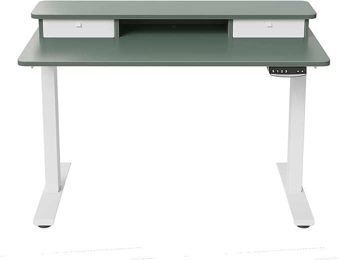 FEZIBO 40 x 24 Inch Height Adjustable Electric Standing Desk with Double Drawer, Stand Up Desk with Storage Shelf, Sit Stand Desk, Green - LeafyLoom
