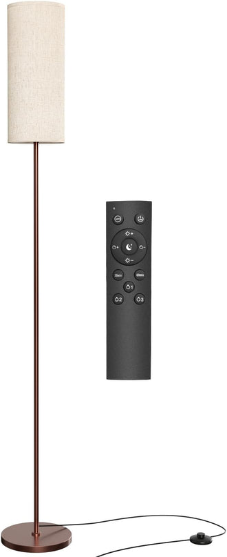 Floor Lamp for Living Room, Modern Standing lamp with Remote Control, Stepless Dimmable 12W Bulb & Beige Lampshade Included, Brown Pole Tall Floor Lamp for Bedroom Office - LeafyLoom