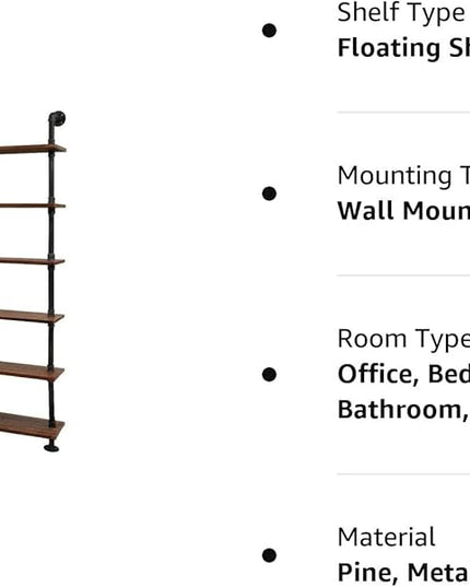 Diwhy Industrial Pipe Bookshelf, 6 Layer Rustic Modern Wood Ladder Shelf with Metal Frame, Home Decor, Display Shelving, Retro Floating Shelving, 35.4x9.8x79in, 10-20lbs, Pine - LeafyLoom
