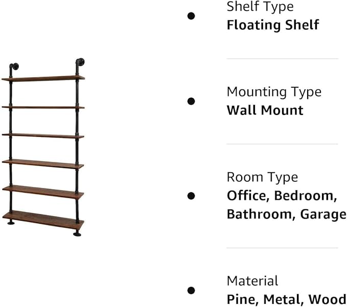 Diwhy Industrial Pipe Bookshelf, 6 Layer Rustic Modern Wood Ladder Shelf with Metal Frame, Home Decor, Display Shelving, Retro Floating Shelving, 35.4x9.8x79in, 10-20lbs, Pine - LeafyLoom