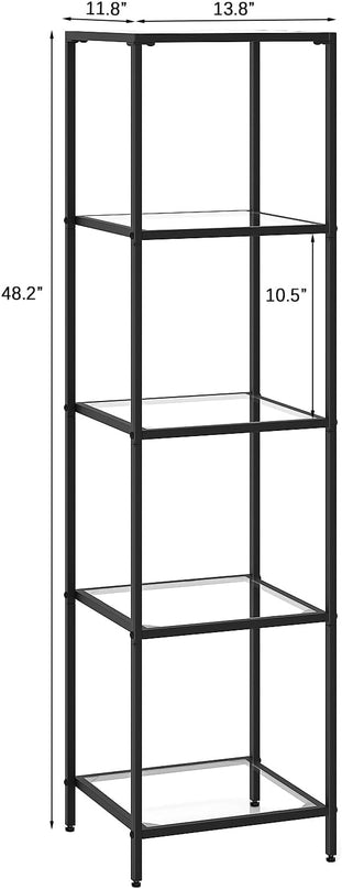 5-Tier Bookshelf,Metal Bookcase,Tempered Glass Shelves,Storage Rack Shelf for Home Office,Living Room,Bedroom, Bathroom,Modern Style, Black - LeafyLoom