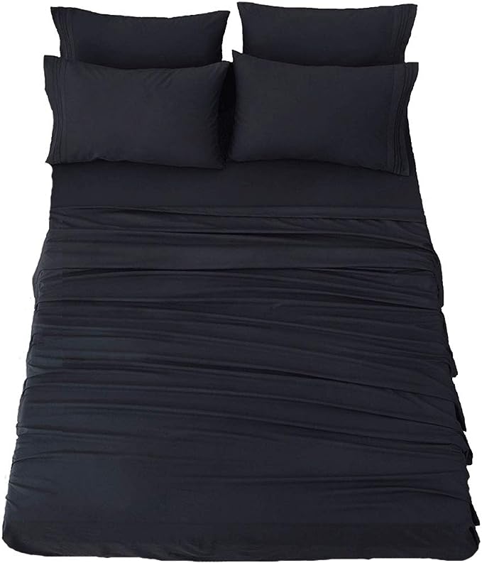 SONORO KATE Bed Sheet Set Super Soft Microfiber 1800 Thread Count Luxury Egyptian Sheets 18-Inch Deep Pocket，Wrinkle and Hypoallergenic-6 Piece (Black, California King-6 Piece) - LeafyLoom
