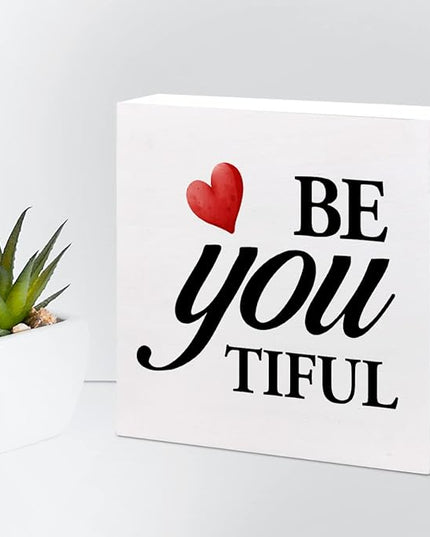 Be You Tiful Sign,Inspirational Quote Wood Box Sign,Motivational Wooden Block Signs,Positive Wood Signs,Decorations for Home Women Girl Room Office Shelf Table Decor - LeafyLoom