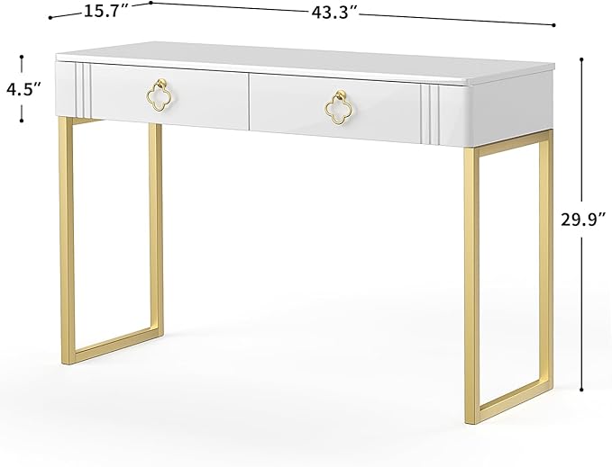 White Desk with Drawers,Modern Laptop Table with gold metal legs,43 inch Makeup Vanity Small Desk with Storage, Stylish & Functional Computer Desk Work Stations for Home Office - LeafyLoom