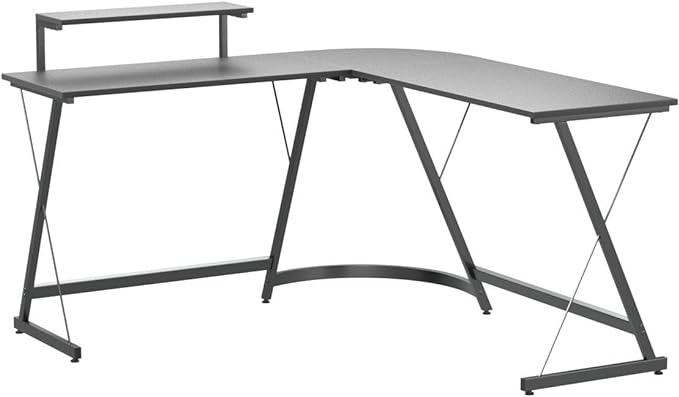 SHW Vista L-Shape Desk with Monitor Stand, Black - LeafyLoom