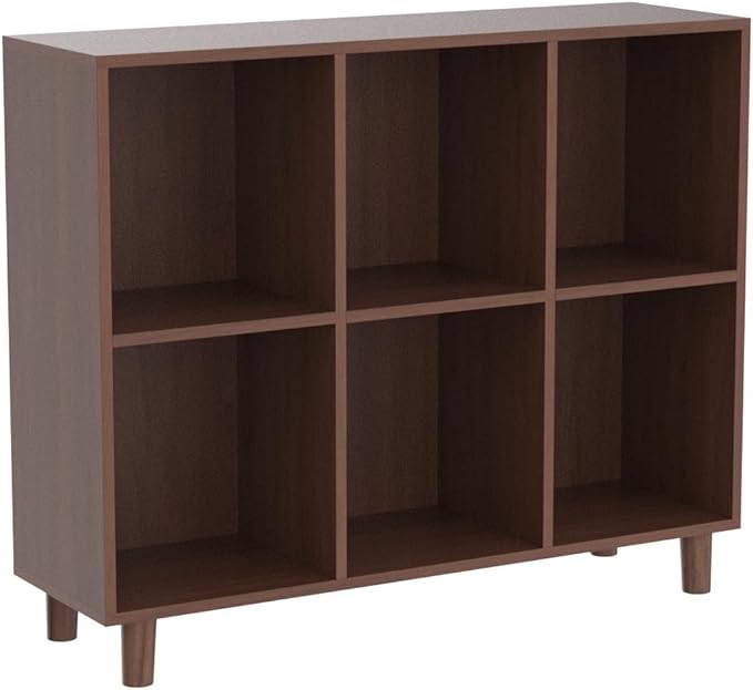 IOTXY Freestanding Open Cubes Bookcase - 2-Tier Floor Standing Wooden Storage Display Cabinet Organizer with Legs for Home Office, 6-Cubes Open Shelf Low Short Bookshelf, Walnut - LeafyLoom