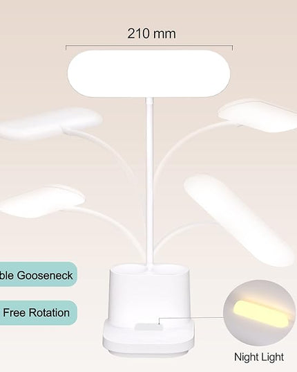 YOUKOYI LED Desk Lamps for Home Office, Rechargeable Battery Operated Desk Lamp with Touch Control, Stepless Dimming, 3 Color Modes, Pen Holder and Night Light- Gooseneck Desk light for Study, Reading - LeafyLoom