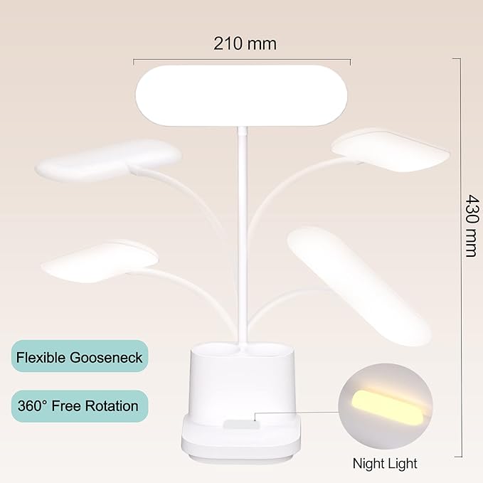YOUKOYI LED Desk Lamps for Home Office, Rechargeable Battery Operated Desk Lamp with Touch Control, Stepless Dimming, 3 Color Modes, Pen Holder and Night Light- Gooseneck Desk light for Study, Reading - LeafyLoom