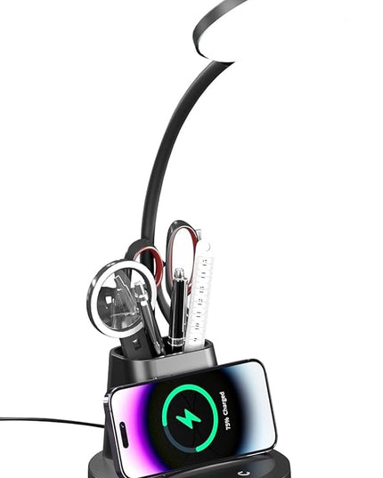 Desk Lamp with Wireless Charger, LED Desk Lamp for Home Office with Pen Holder, Dimmable Eye-Caring Study Desk Light Flexible Arm 3 Color Modes for College Dorm, 800 Lumens CRI 90 - LeafyLoom