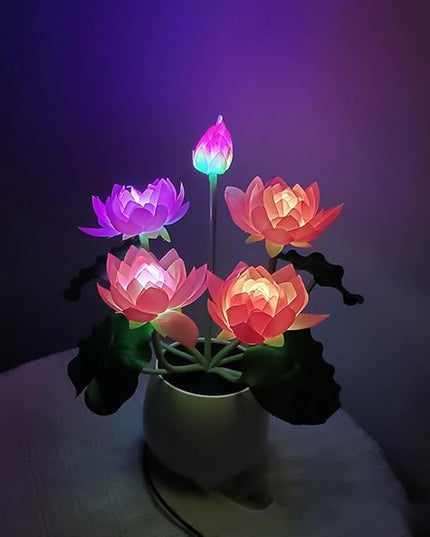 Colorful LED Lotus Flower Lamp Buddha Lamp for Cabinet Buddhist Altar - Artificial Lotus Flower Lamp for Home Living Room Desktop Decor (Colour Light) - LeafyLoom